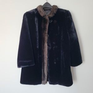 VINTAGE 70s Luxurious Faux Mink‎ Fur Coat Hillmoor Silk Lining Black Brown XL